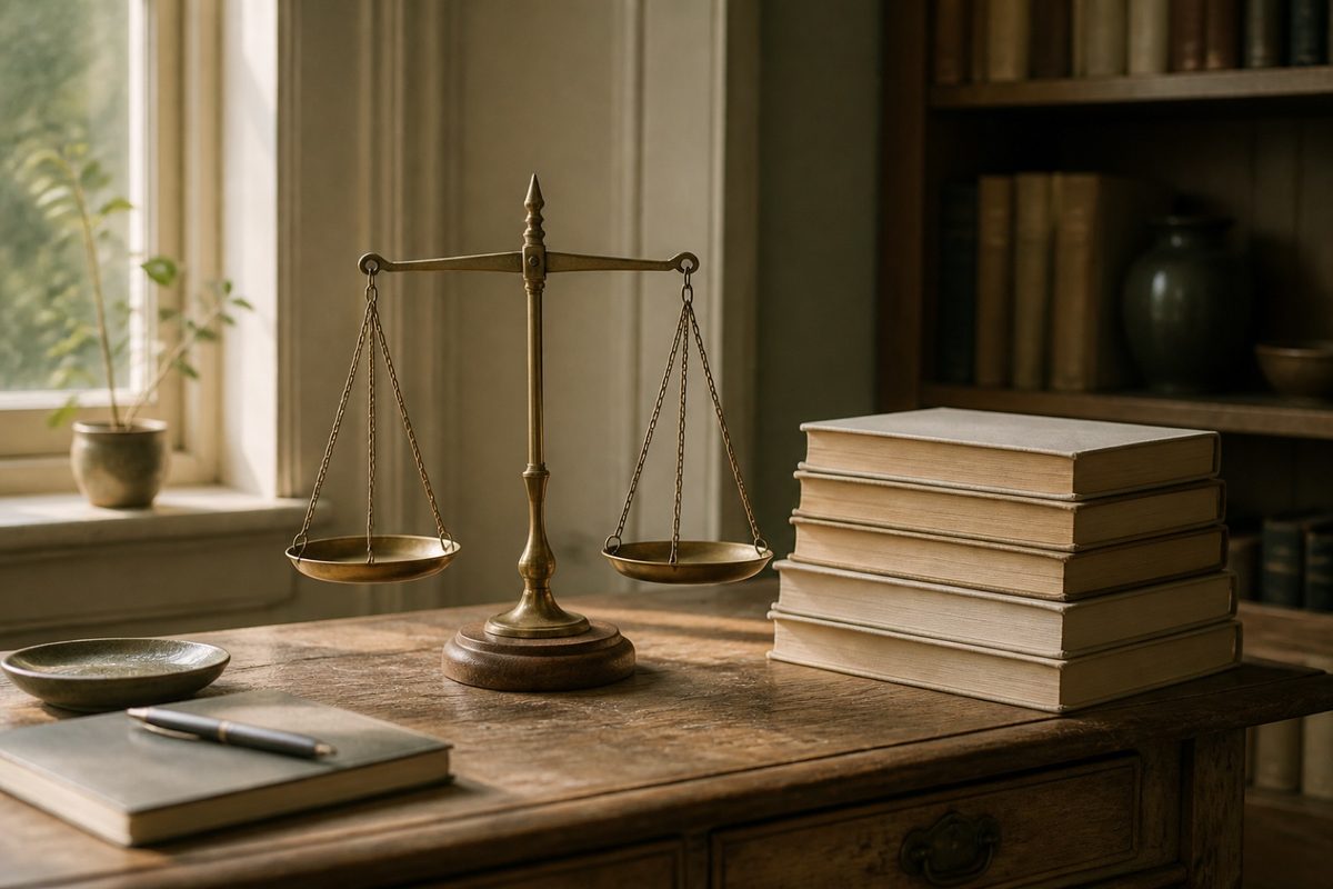 Brass balance scales on a wooden desk beside plain books