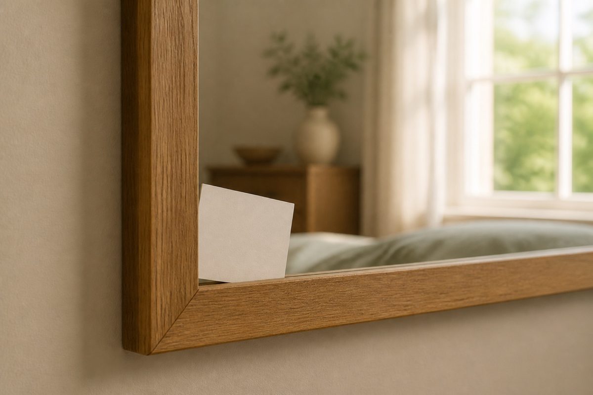 A blank note tucked into the corner of a wooden mirror frame