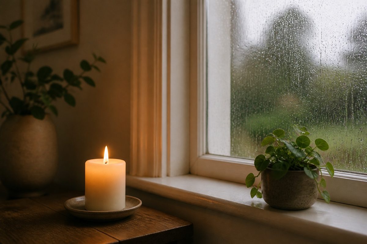 A small candle and potted plant on a rain-flecked windowsill