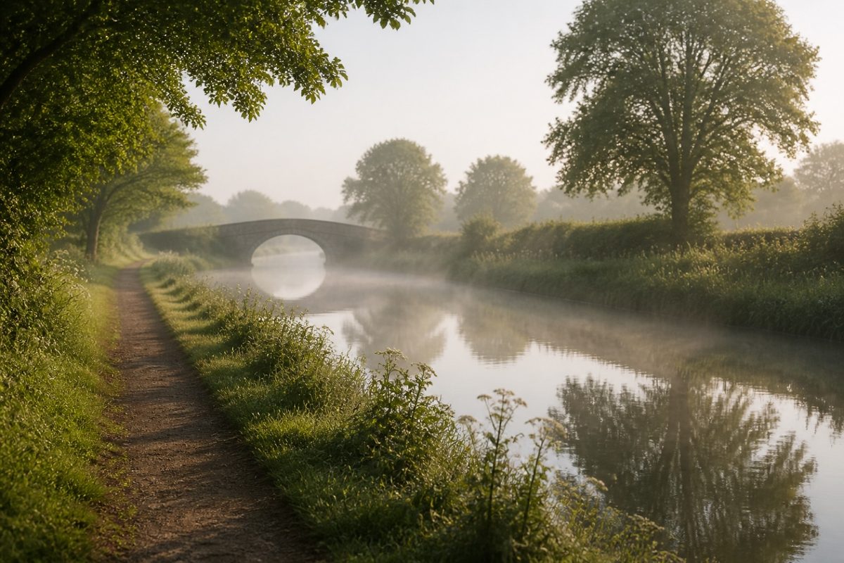A quiet canal towpath in early morning mist with a stone bridge