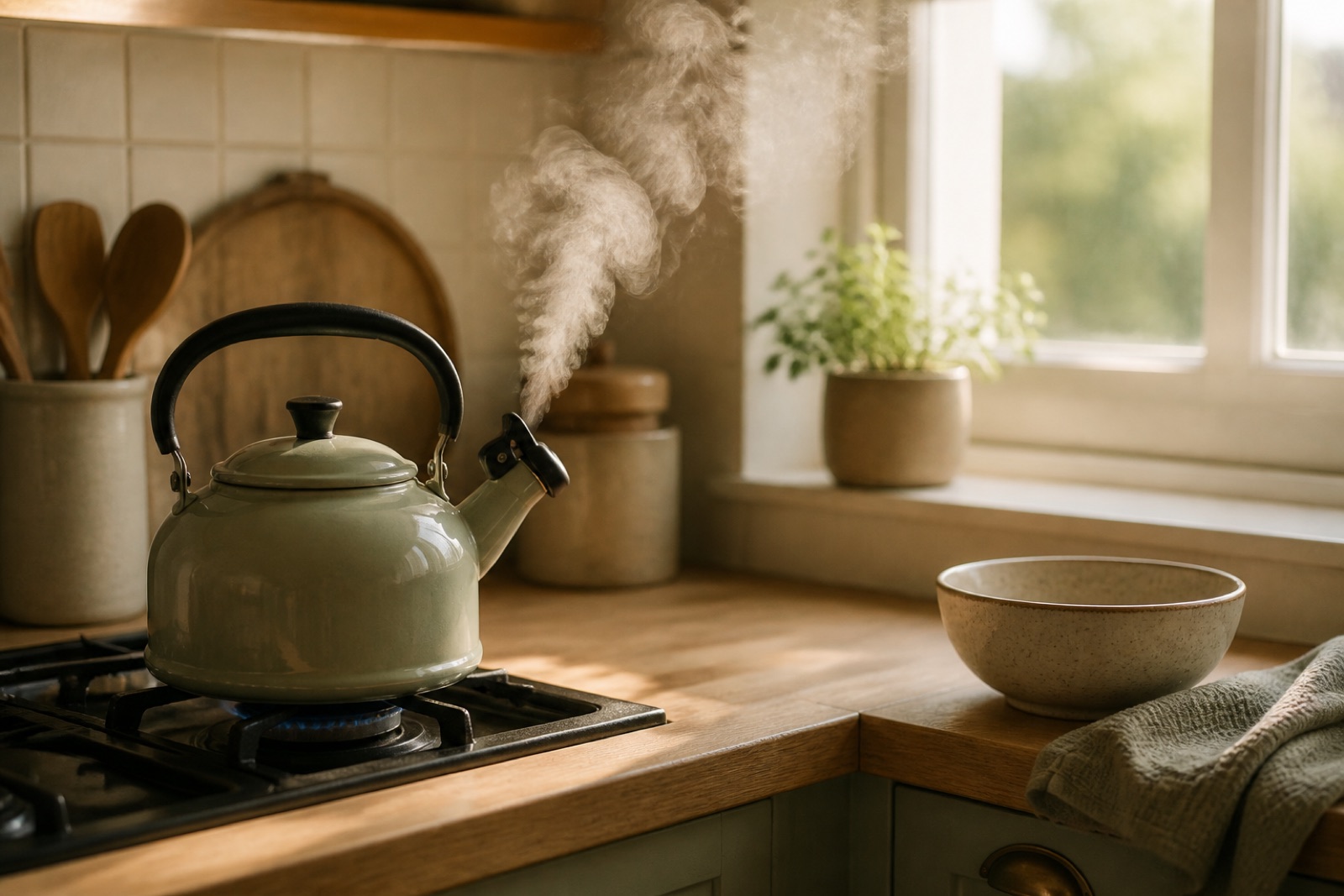 A kettle steaming gently in a quiet kitchen by a window