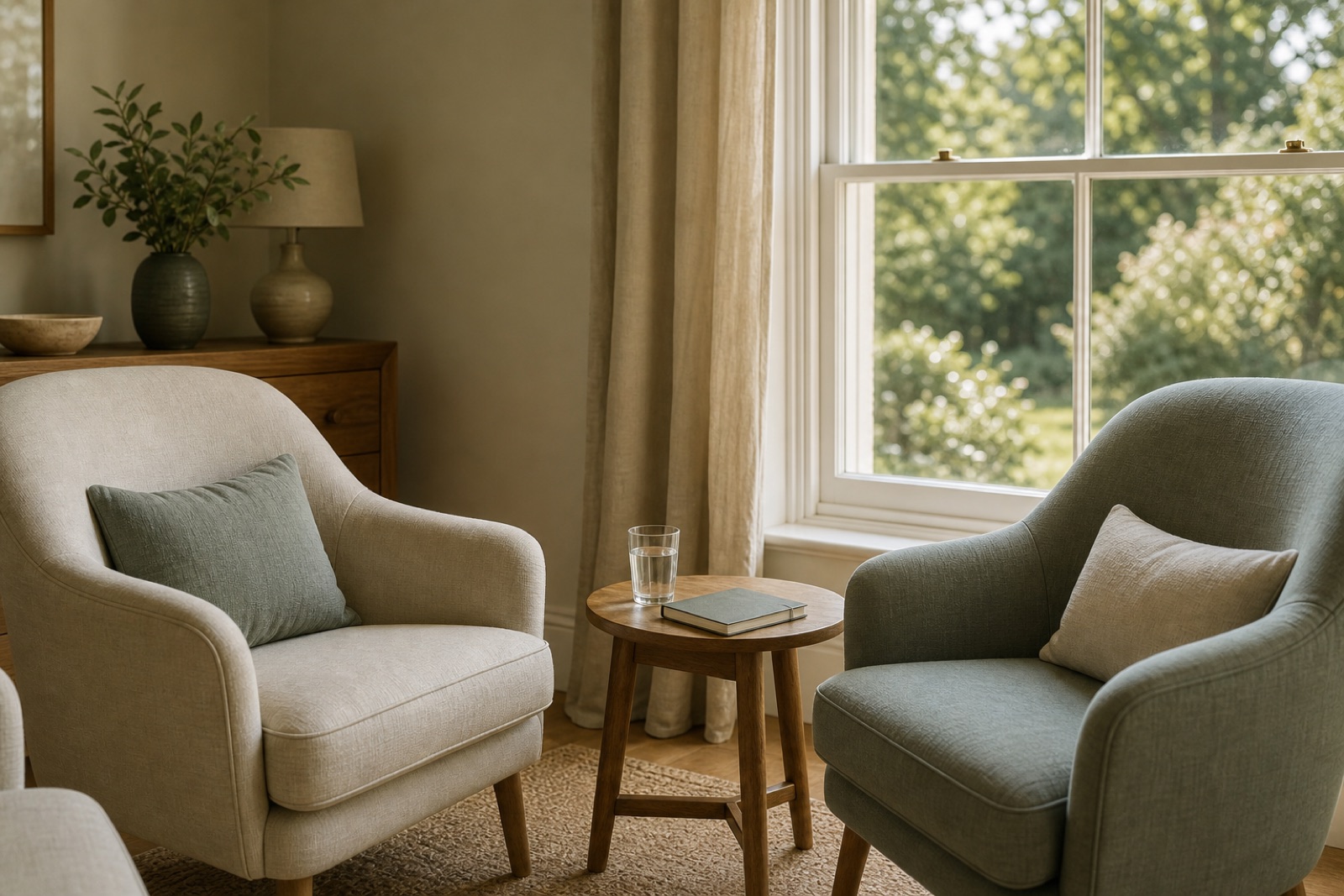 Two comfortable chairs beside a window with a glass of water and notebook