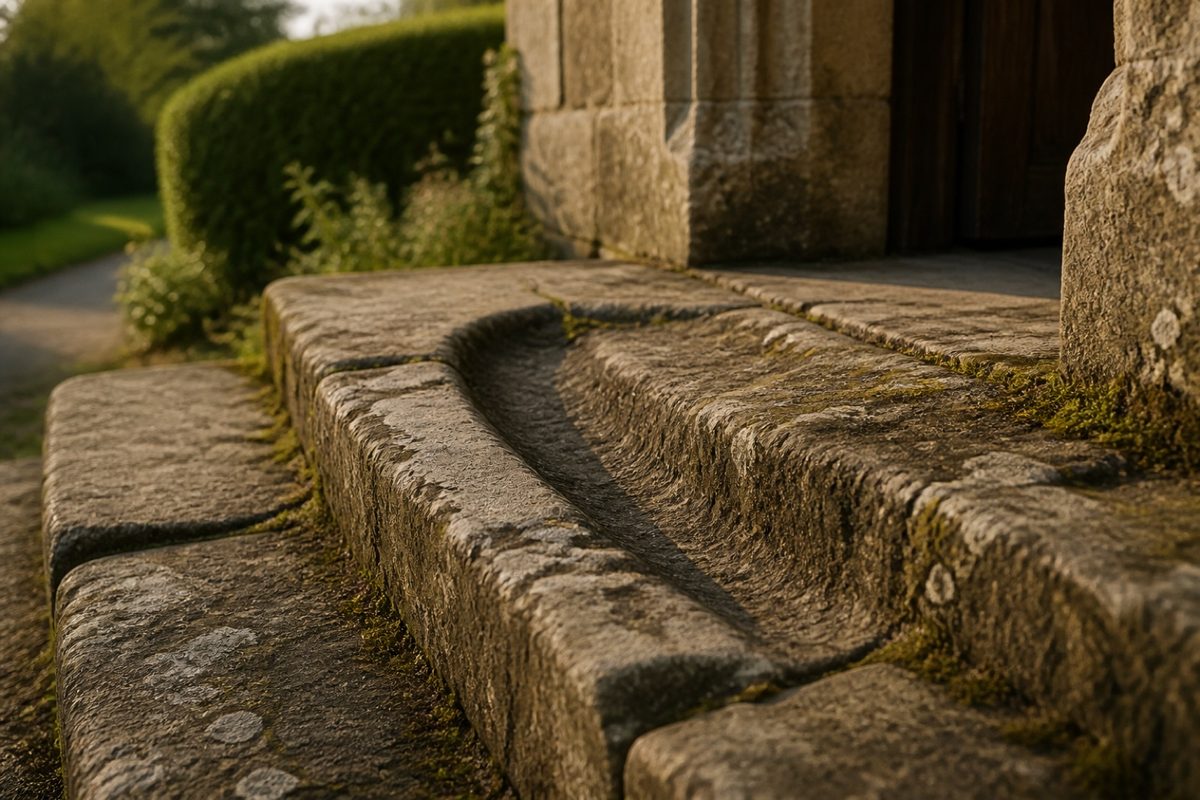 A deep groove worn into old English stone steps in warm side light