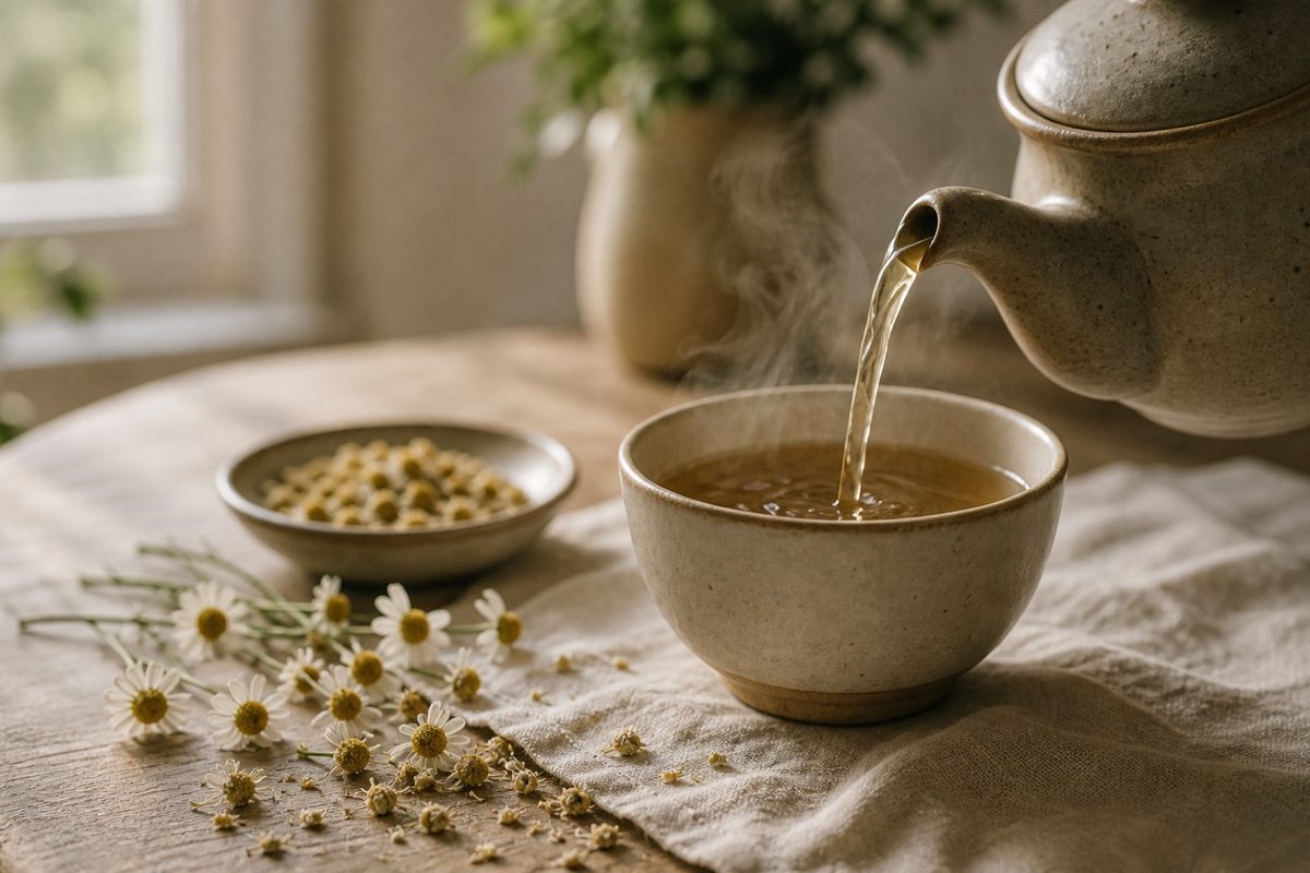 Herbal tea being poured into a ceramic cup with chamomile nearby