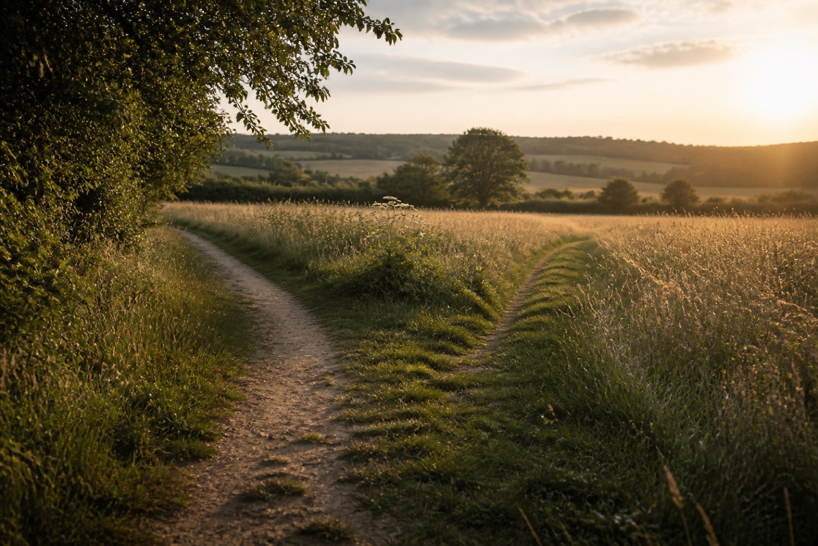 A meadow footpath forking into two routes in low golden light