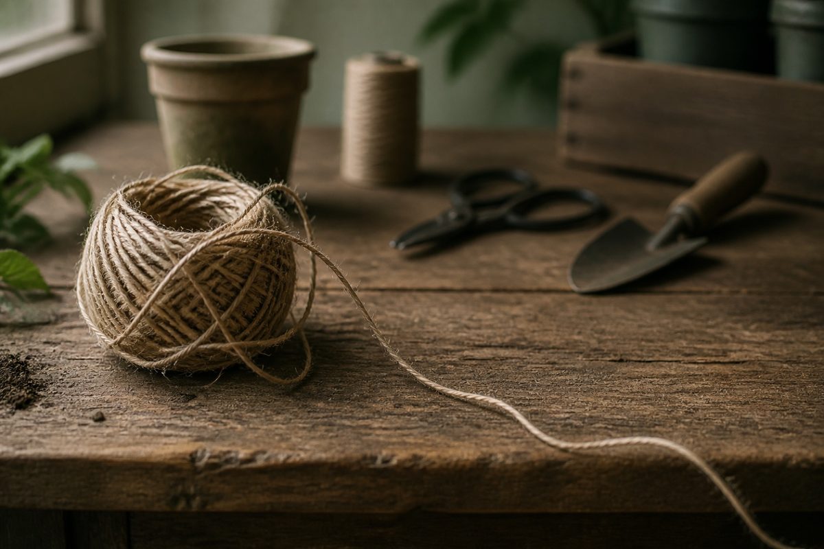 Garden twine partly unwound on a wooden workbench