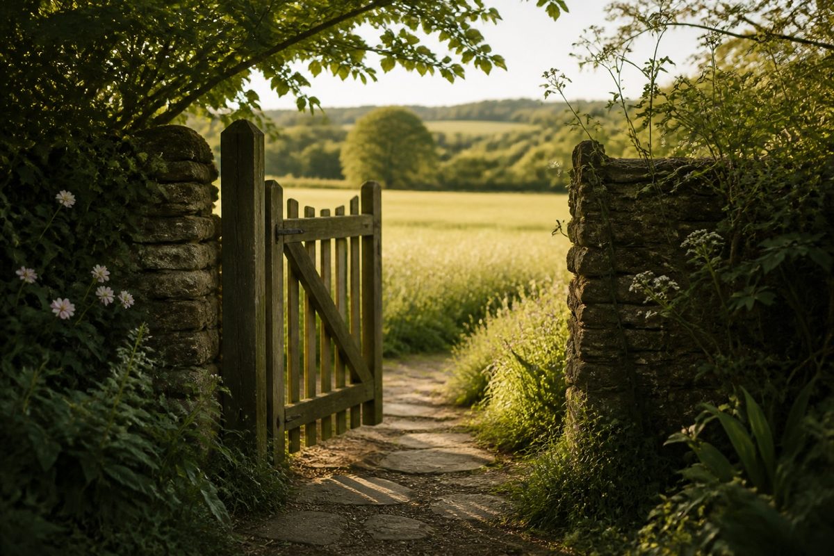 An open garden gate leading from shade into a bright field