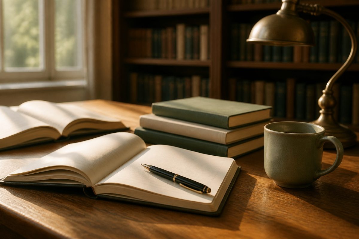Open journals and a fountain pen on an oak library table