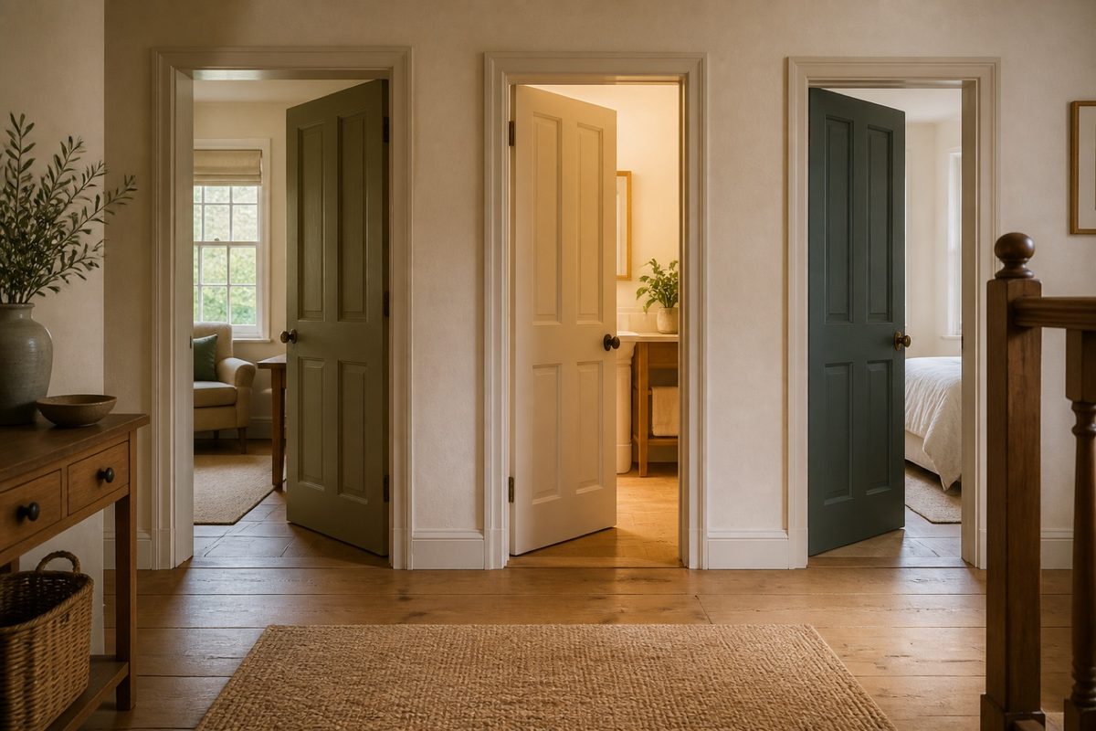 Three slightly open doors in a quiet cottage hallway