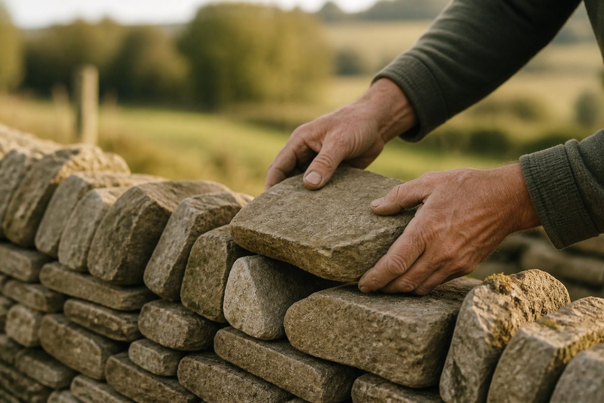 Hands placing a stone on a dry-stone wall in warm countryside light