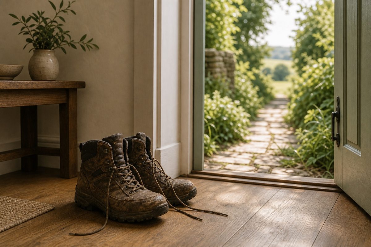 Walking boots beside an open cottage door with a bright path outside