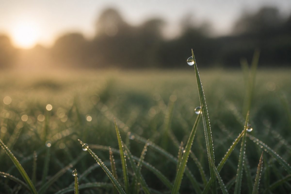 Dew on grass at first light with one blade in sharp focus
