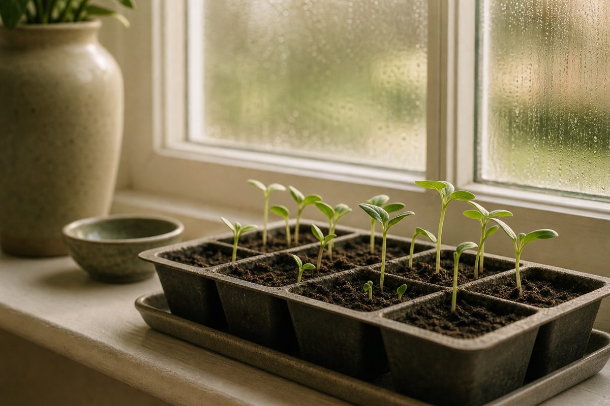 First green shoots in a seed tray on a softly lit windowsill