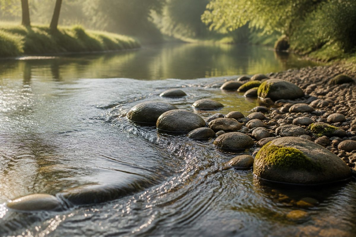 A river carving a new channel around smooth stones