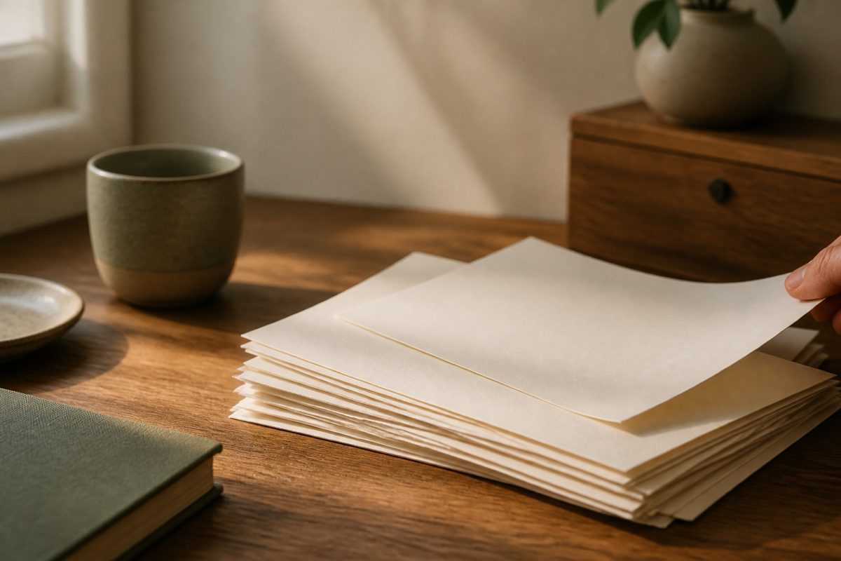 Blank pages being gathered into a neat stack on a wooden desk