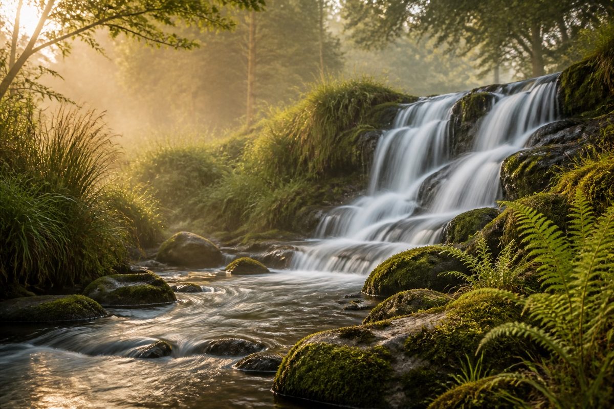 Soft morning light over a small woodland waterfall and mossy stream