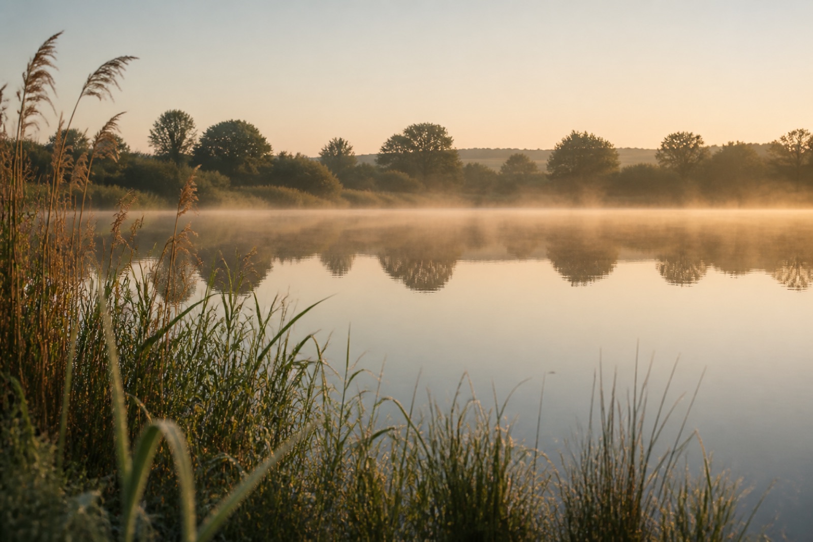 Tall grasses beside a still lake at dawn with soft mist lifting