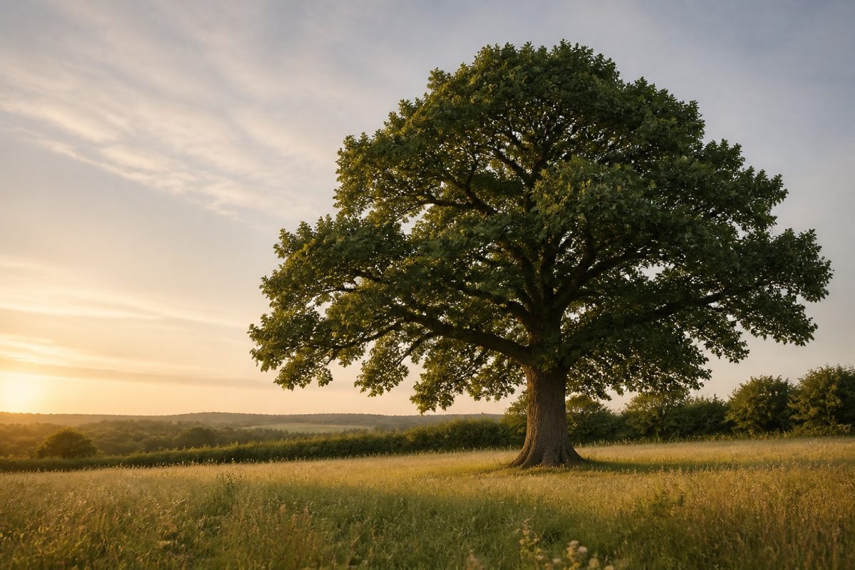 A sturdy oak tree standing alone in a field in soft evening sun