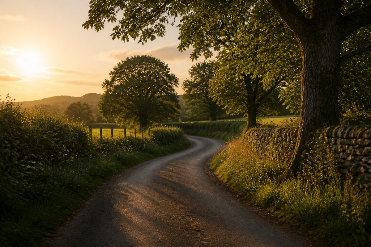 A country lane curving gently out of sight between trees