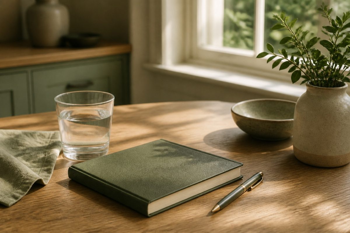 A fresh glass of water, journal and pen on a tidy morning table