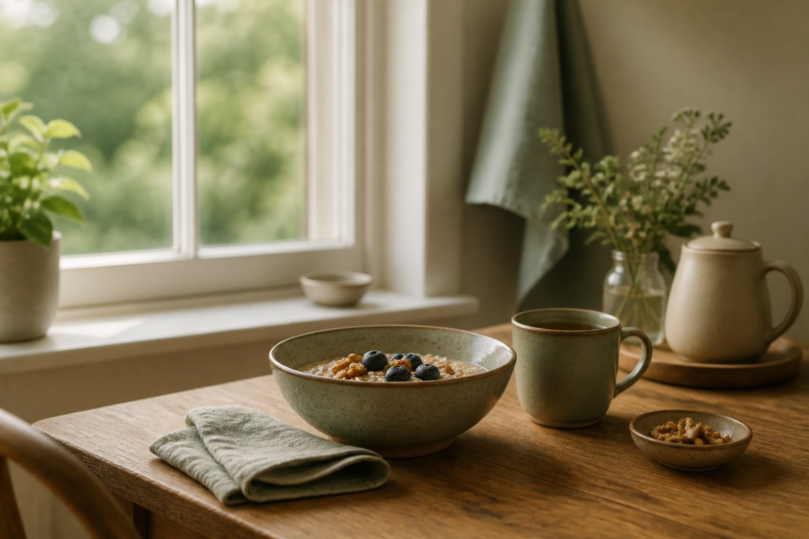 A calm breakfast table by a window with a bowl, napkin and herbal tea