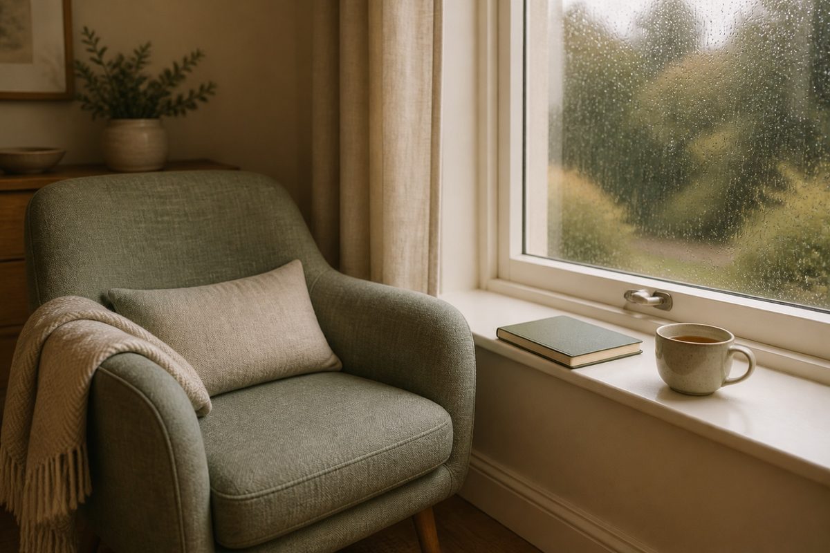 An armchair beside a rain-flecked window with a notebook and tea