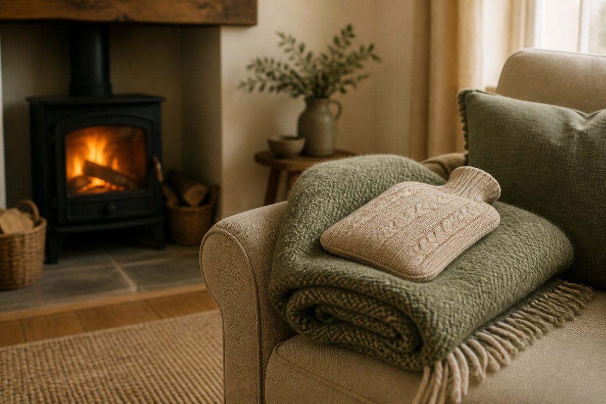 A soft wool blanket and hot water bottle on a chair beside a low fire