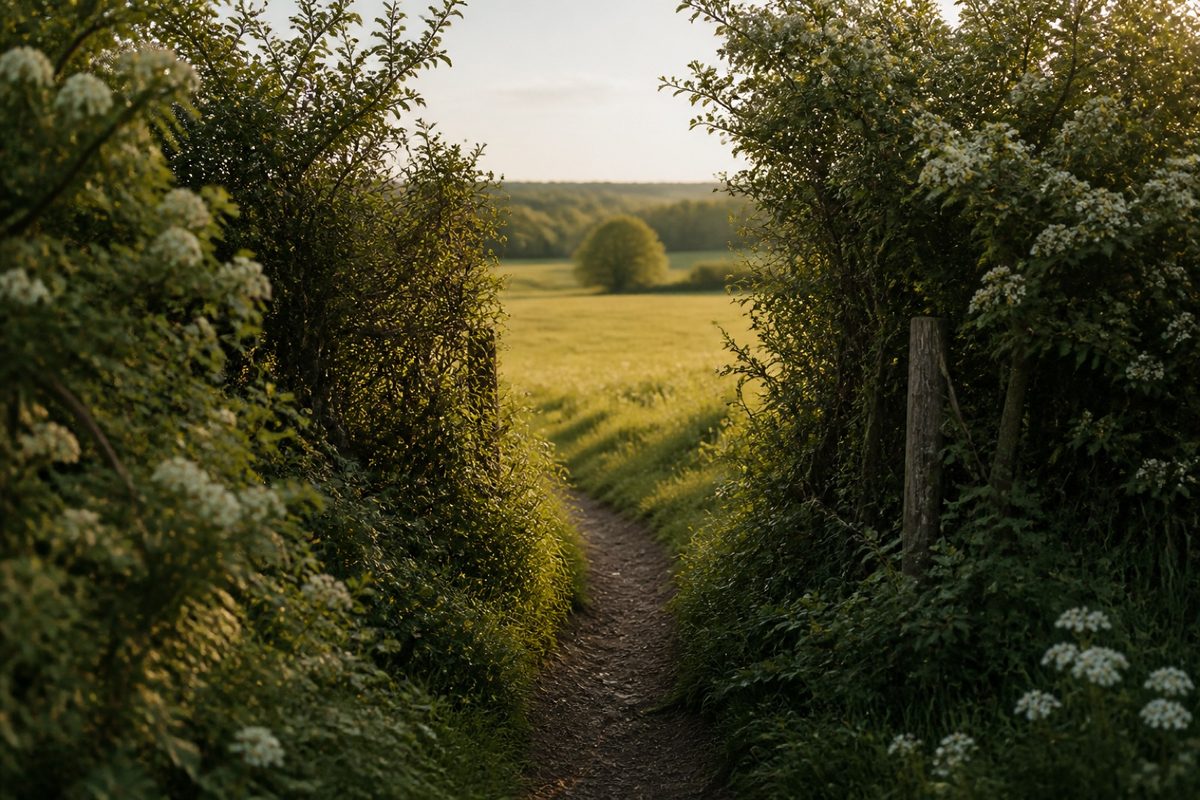 A narrow countryside footpath leading through a hedgerow gap