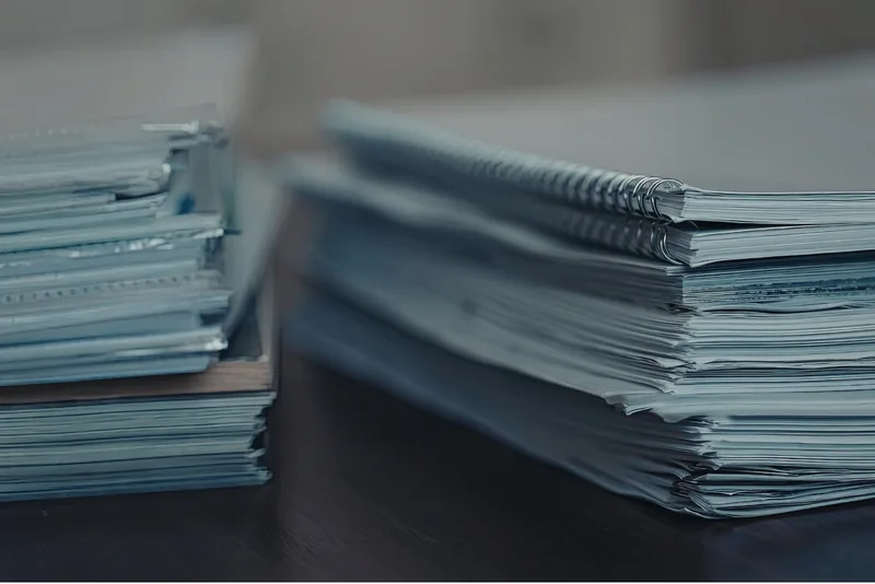 Stacks of papers and bound reports on a desk