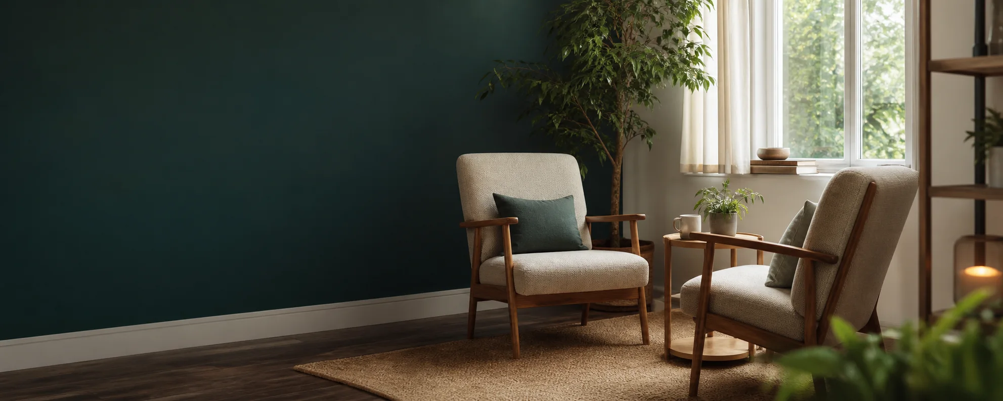 A calm therapy room corner with two chairs beside a window and greenery outside