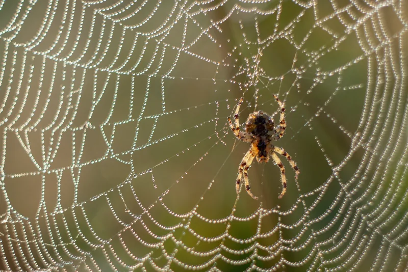A spider on a web covered with droplets of water