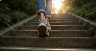 Walking up stone steps through woodland