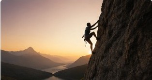A climber on a cliff face at sunset