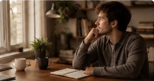 A person sitting quietly in thought by a window