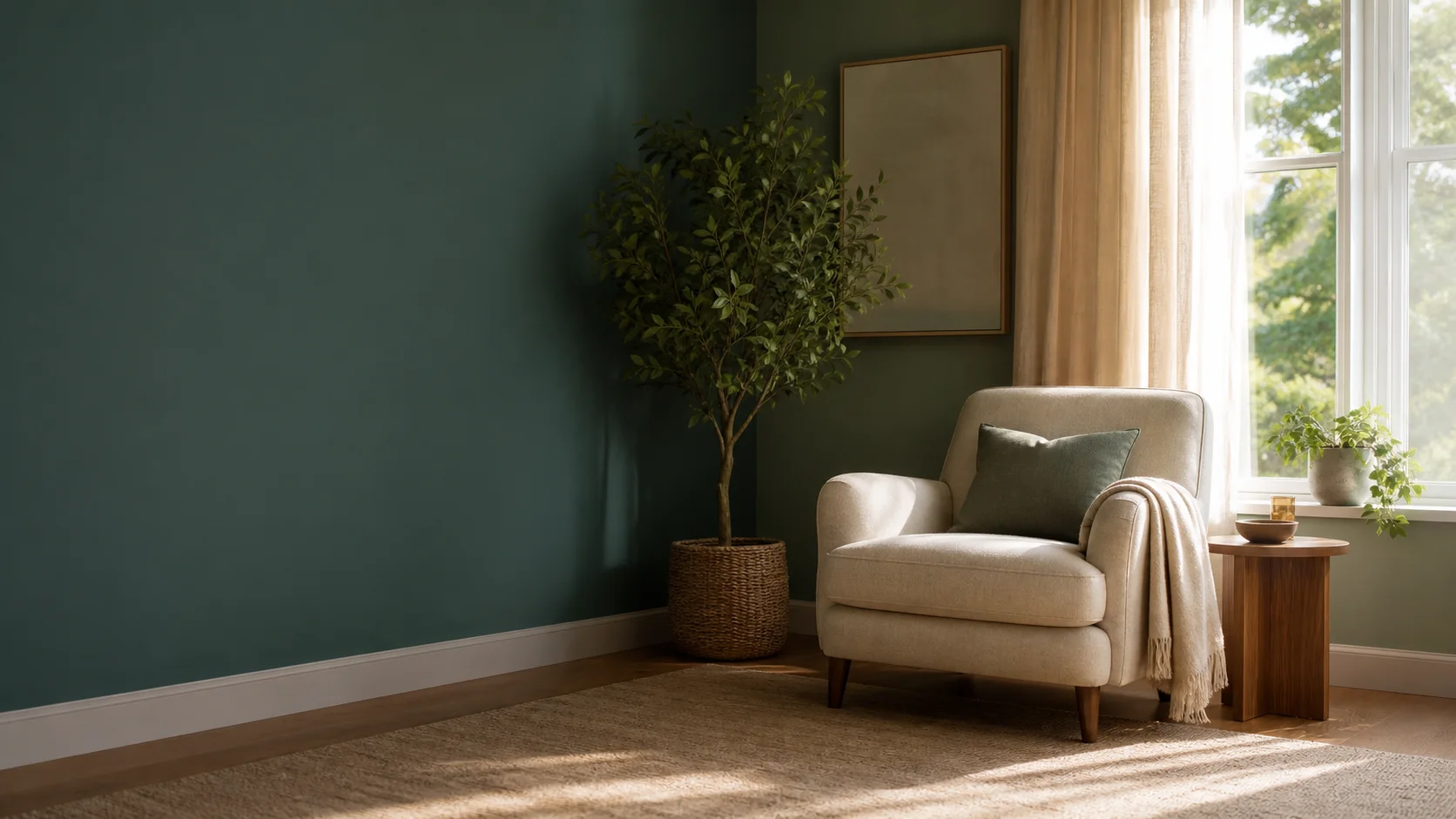 A quiet therapy room with an armchair, plant and soft morning daylight