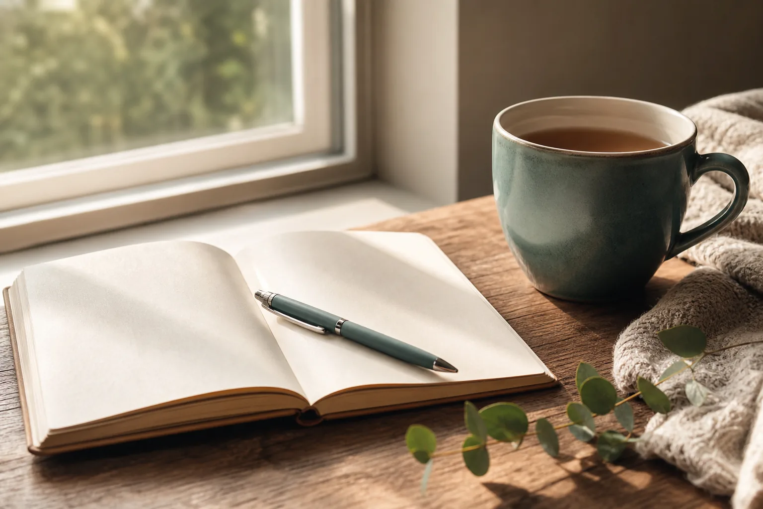 Notebook and tea in soft light