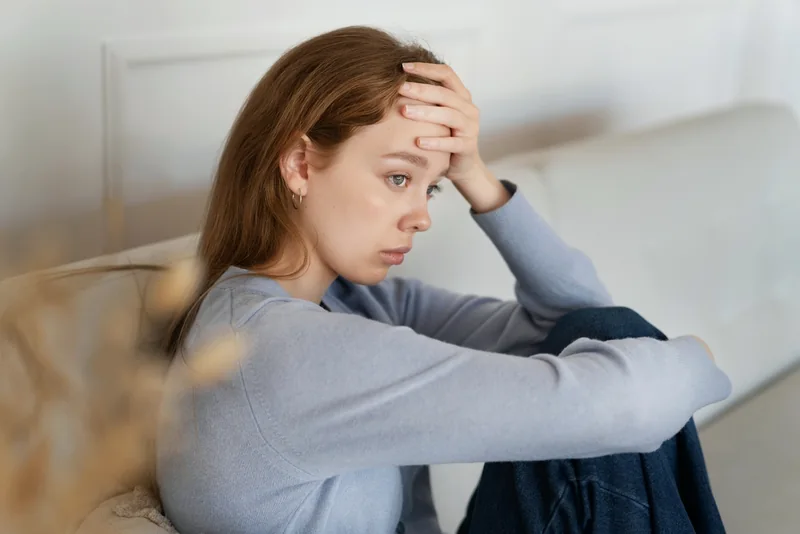 A woman sitting with her knees drawn up and a hand resting on her forehead