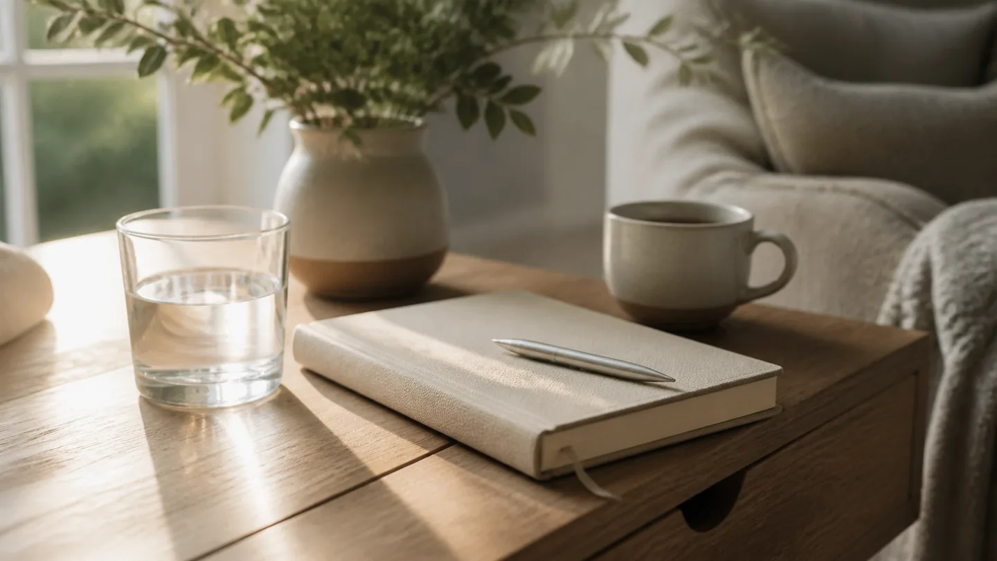 Journal, water and soft morning light on a tidy table, suggesting calm routine and reset
