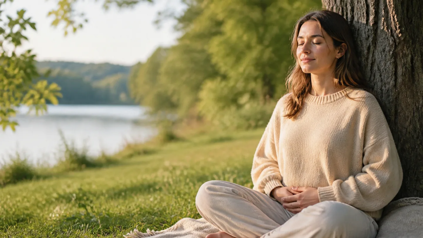 Adult resting calmly in a peaceful natural setting with hands relaxed on their lap