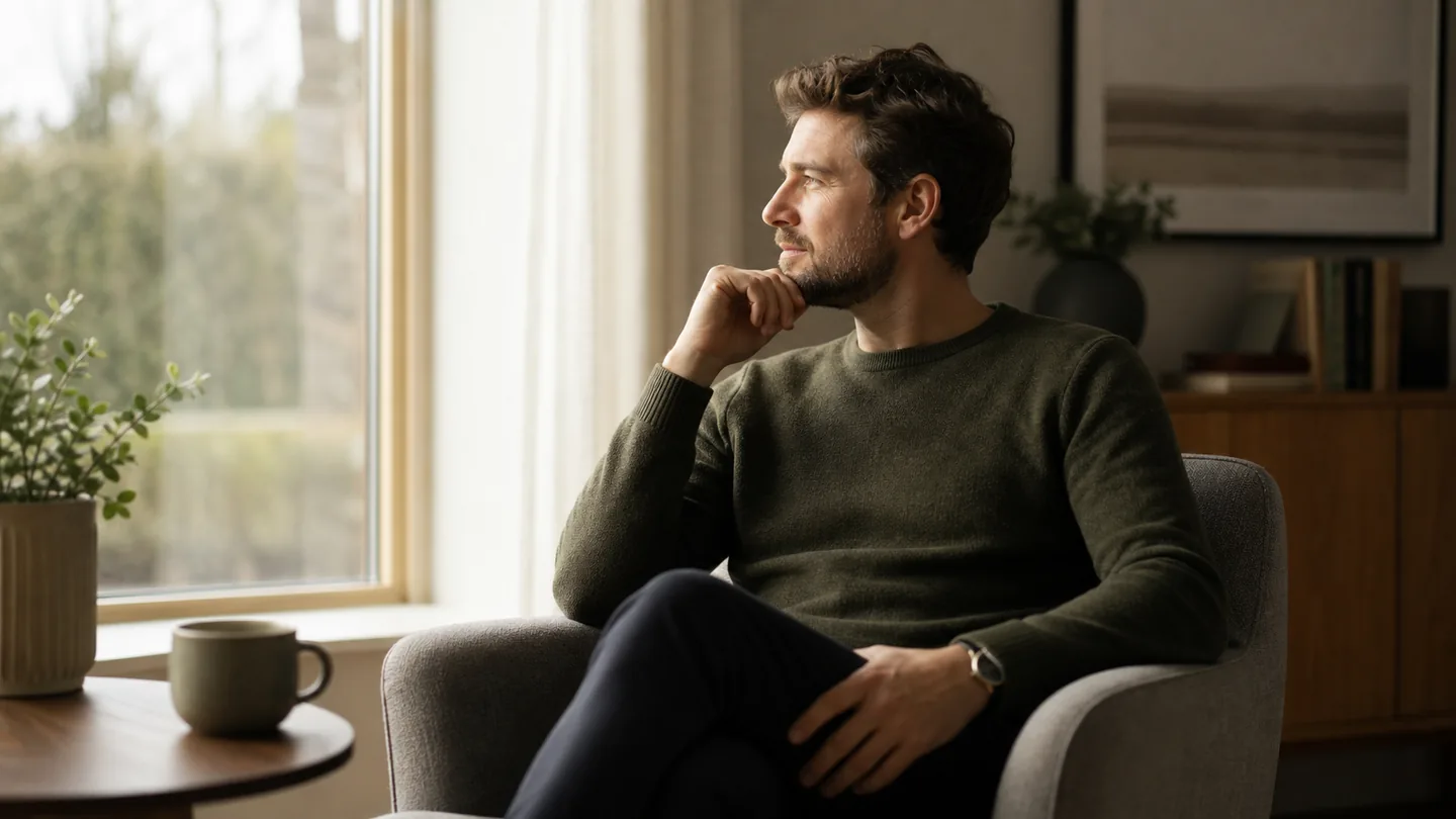 Thoughtful adult sitting by a window in soft daylight, reflecting calmly