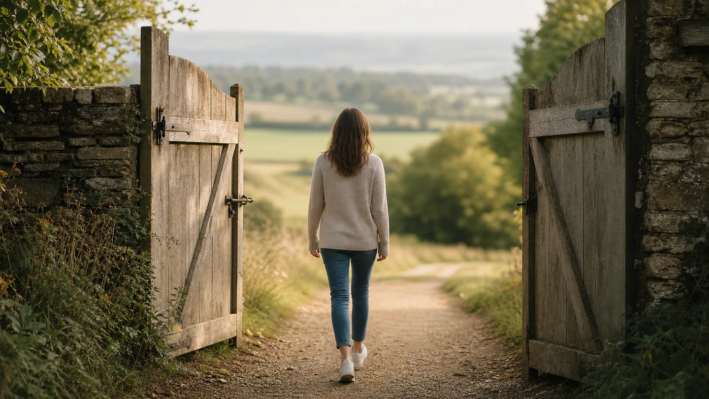 Adult calmly walking through an open doorway towards a peaceful outdoor path