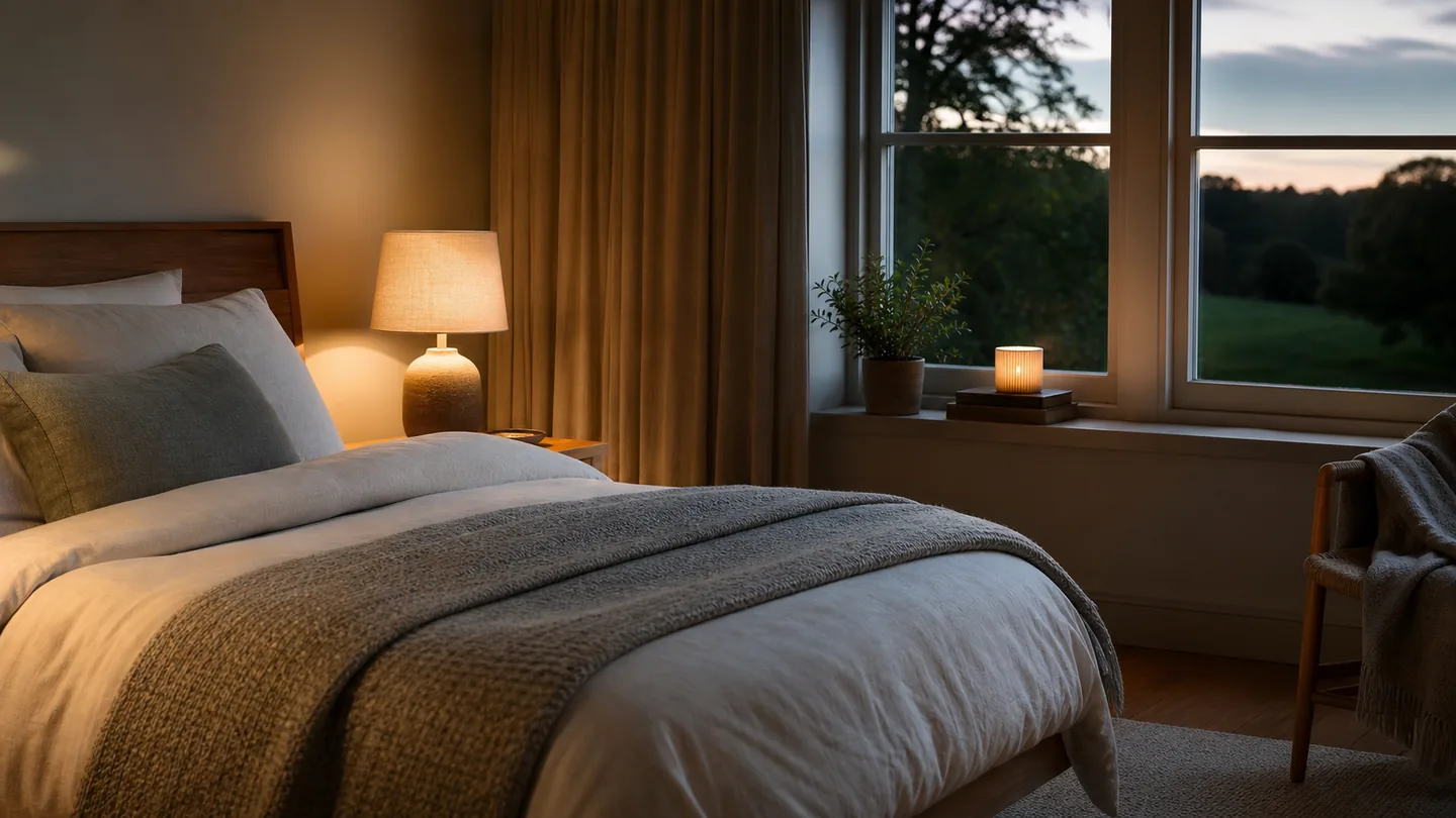 Peaceful bedroom in warm evening light with calm neutral colours