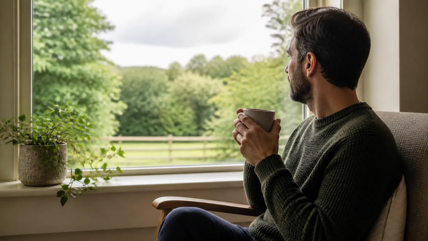 Adult taking a quiet pause with a mug of tea beside a window overlooking greenery