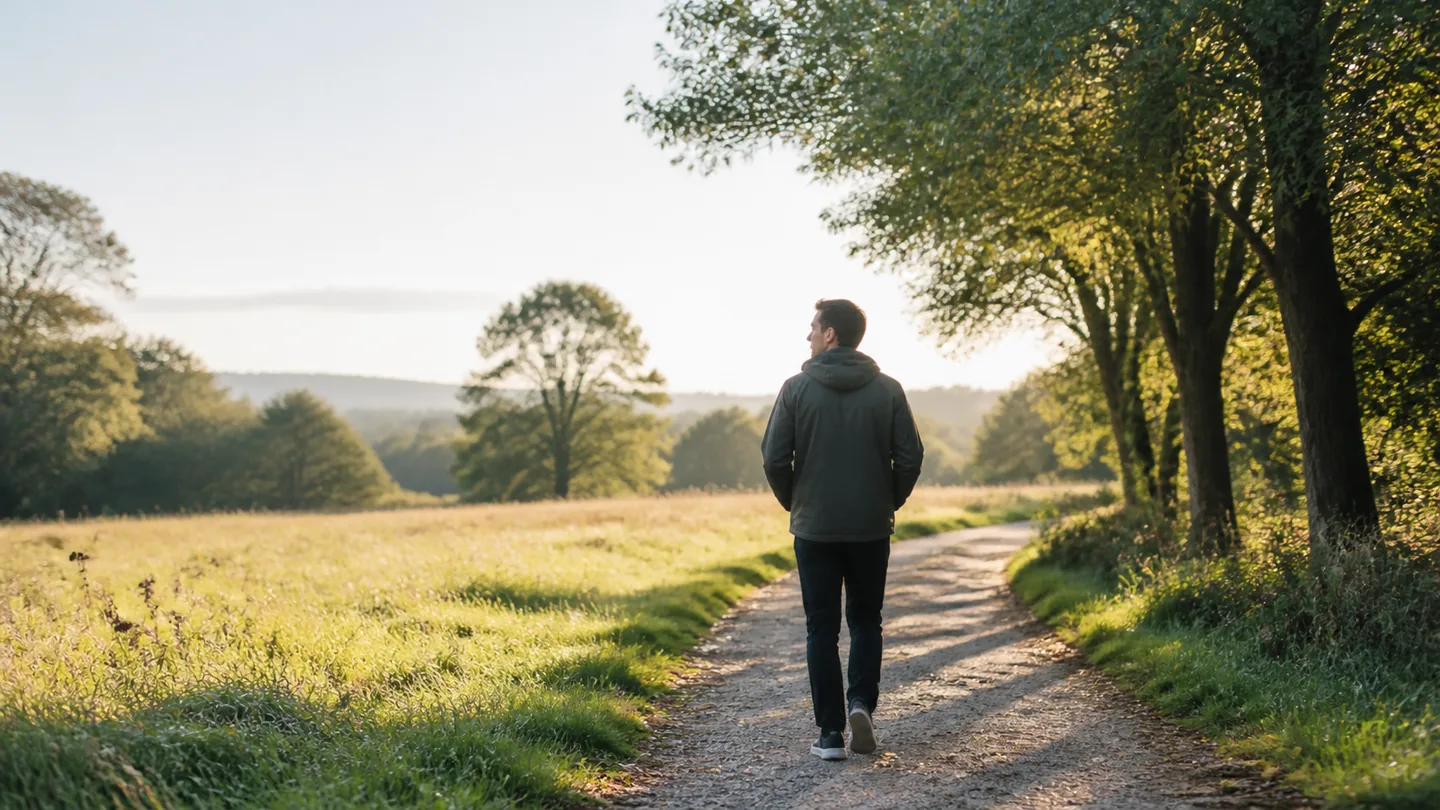 Adult walking calmly through open green space in fresh morning light