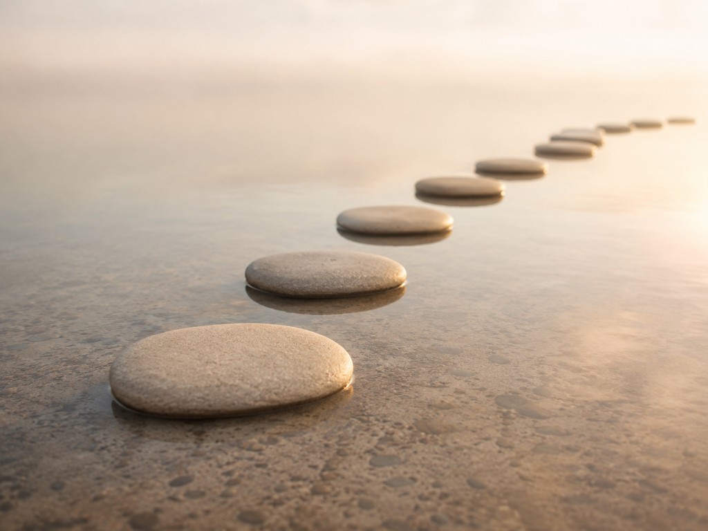 Stepping stones across calm water, representing a gentle path forward