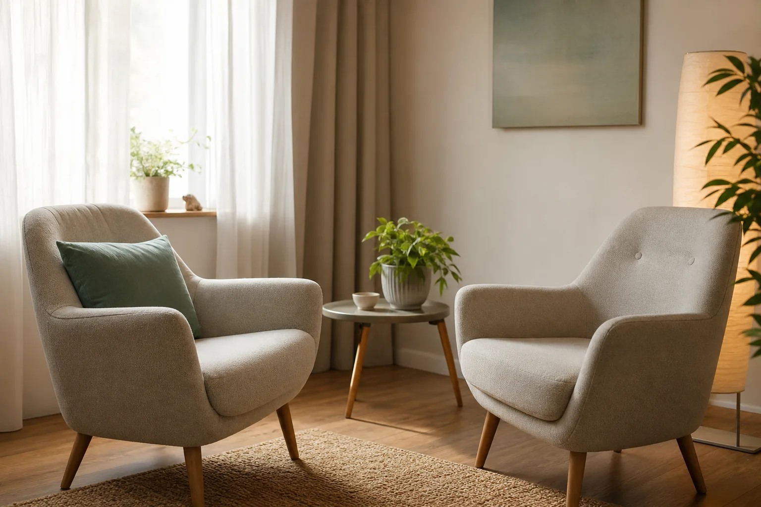 A calm therapy room with two chairs and soft daylight