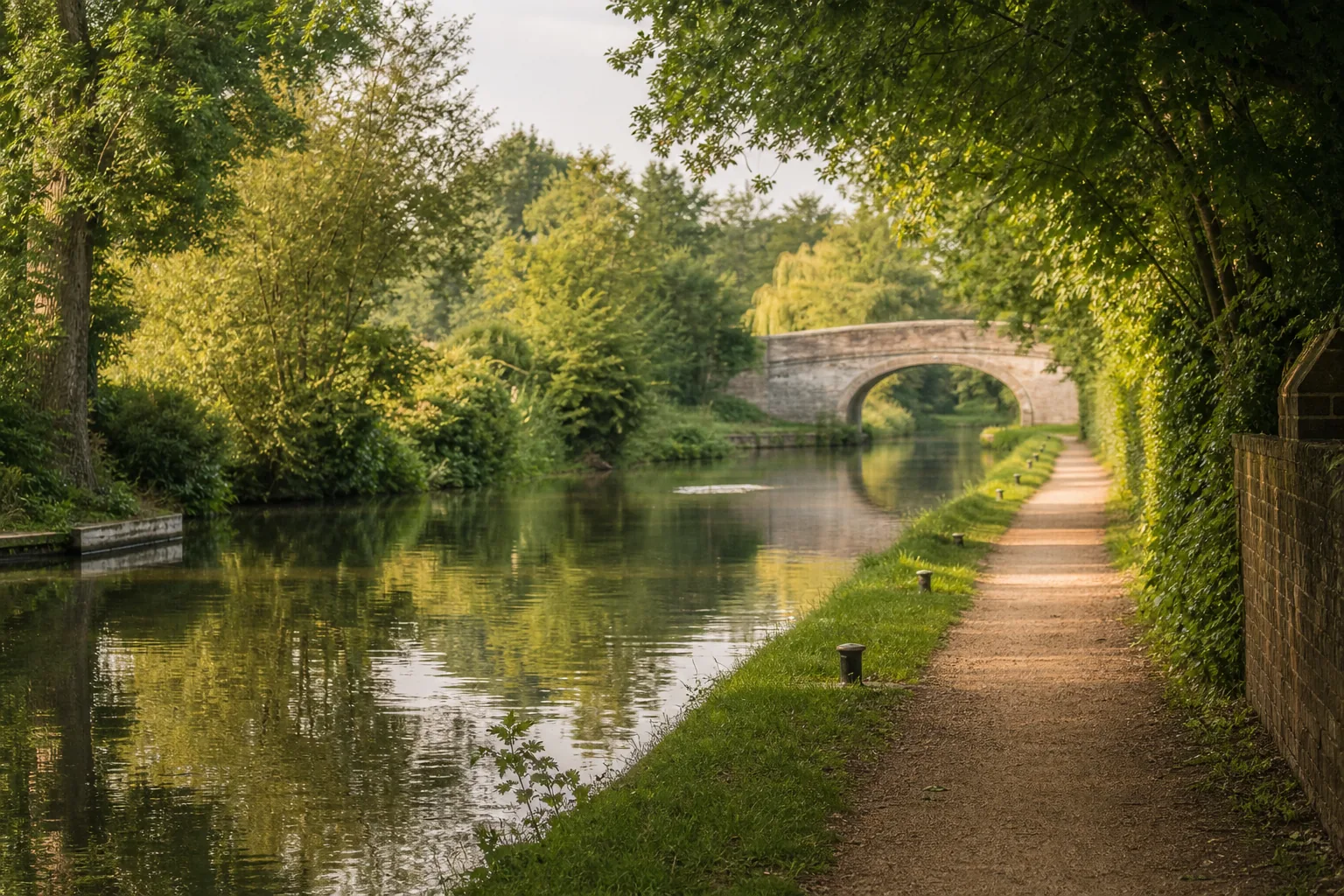 Still water and a quiet path representing calm change