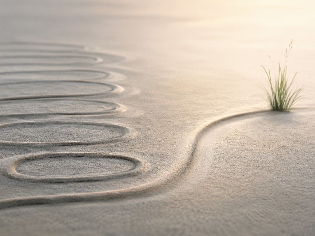 Raked sand leading to a small plant, representing calm focus and gradual change